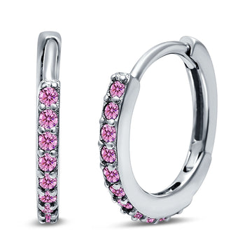 Half Eternity Hoop Earrings Round Simulated Pink CZ 925 Sterling Silver (16mm)